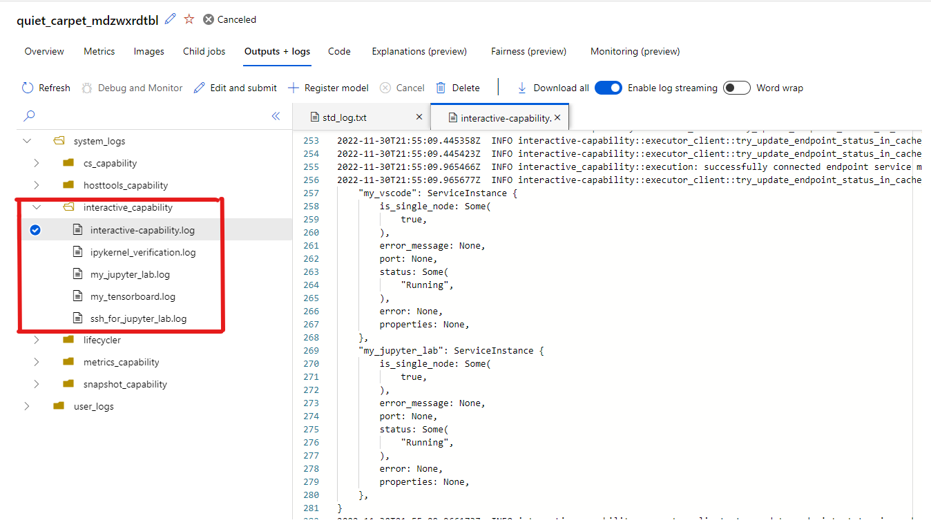 Screenshot of interactive jobs interactive logs panel location.