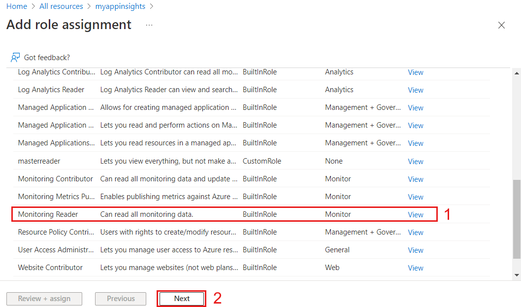 Screenshot of the Azure platform and choose Monitor Reader.