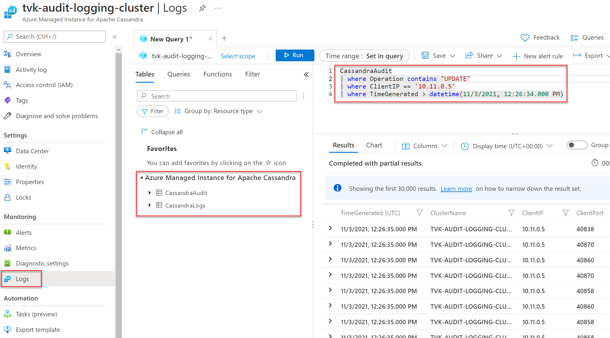 Screenshot that shows query logs.