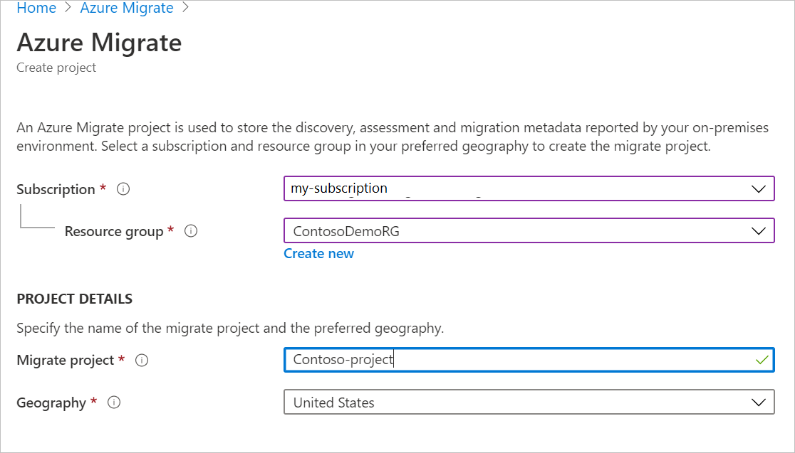 Boxes for project name and region