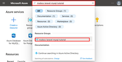 Screenshot showing how to search for and navigate to a resource group in the Azure portal.