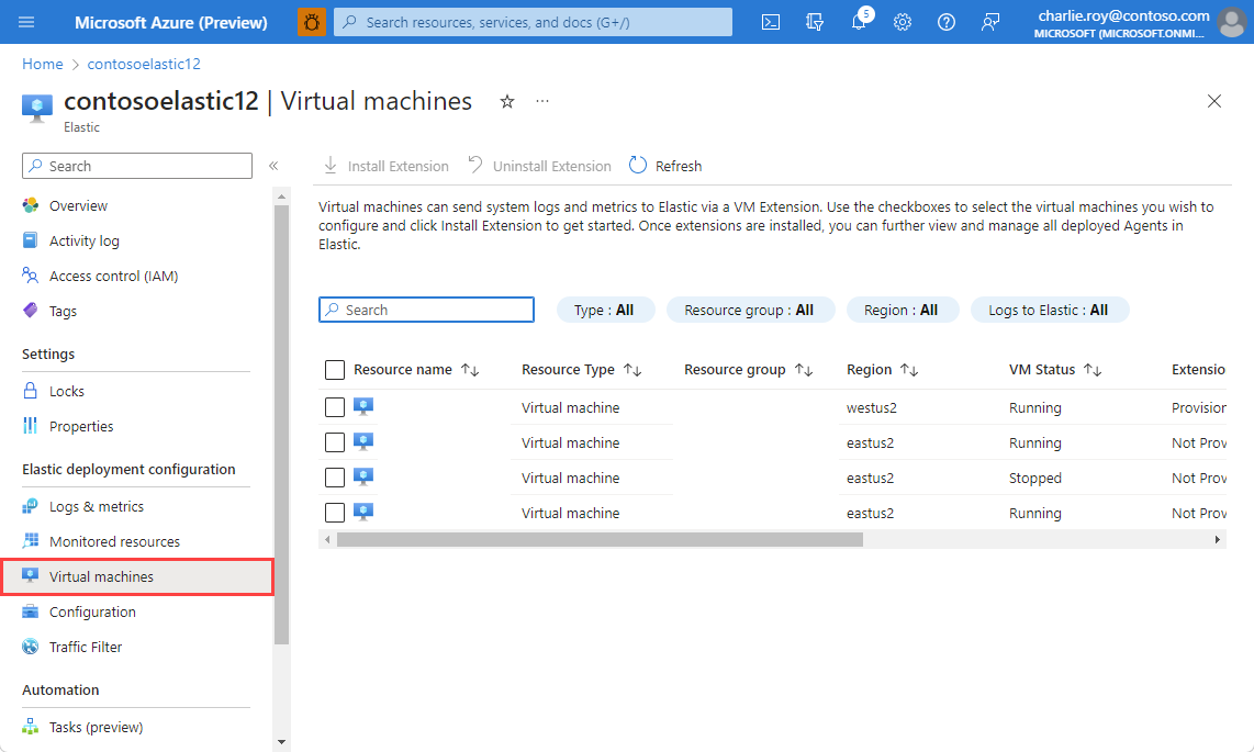 Screenshot showing  a list of virtual machines where you can install the Elastic VM extension and status information.