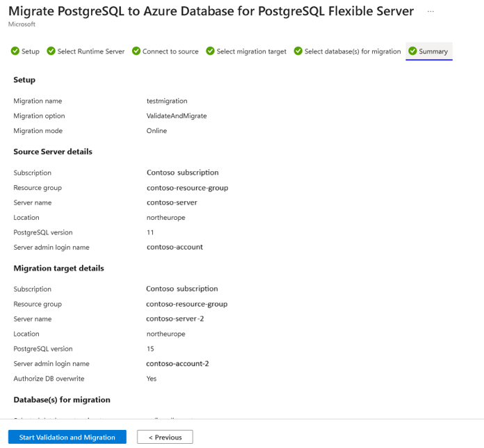 Screenshot of details to review for the migration.