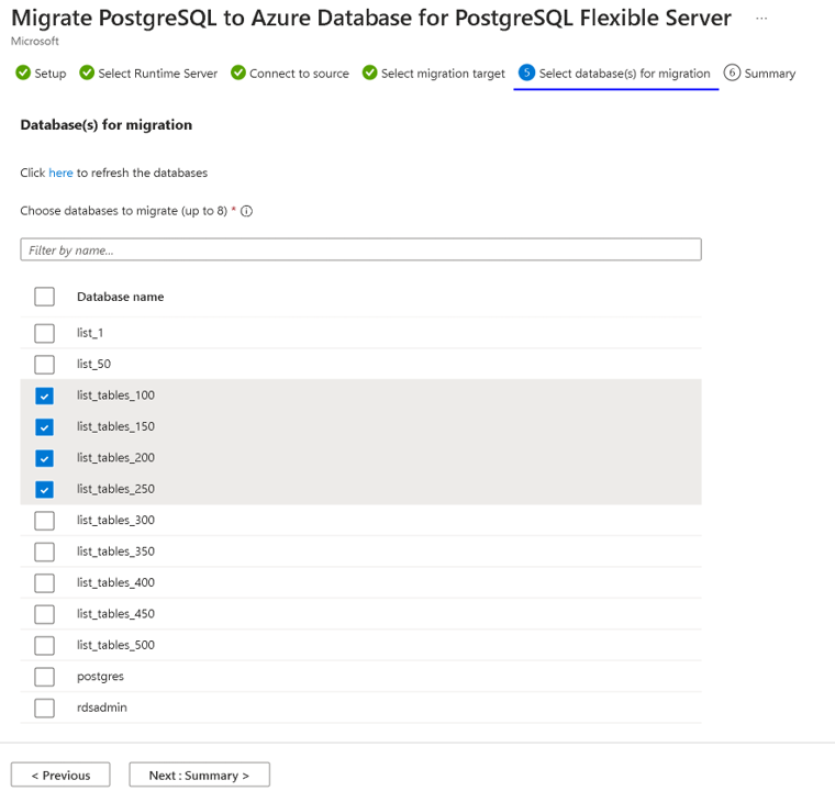 Screenshot showing how to select databases for migration in the Azure portal.