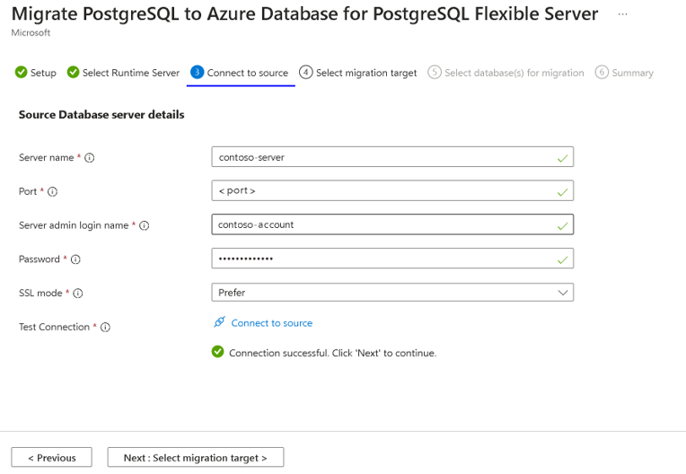 Screenshot of connect source migration page in the Azure portal.