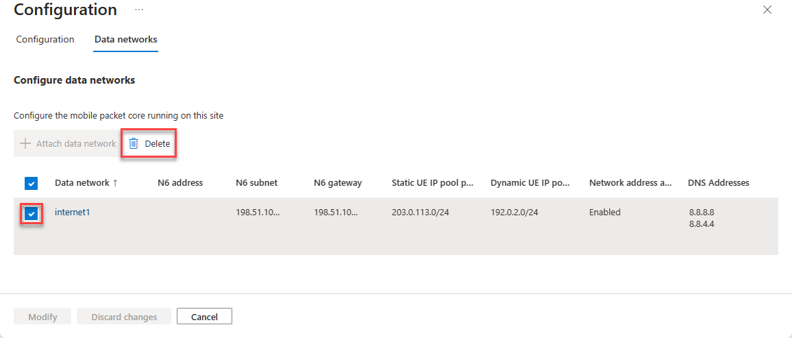 Screenshot of the Azure portal showing a selected data network and delete button.