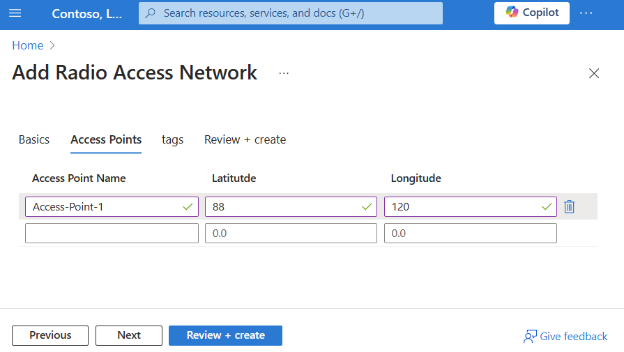 Screenshot of the Azure portal showing a RAN insight resource access point tab during creation.