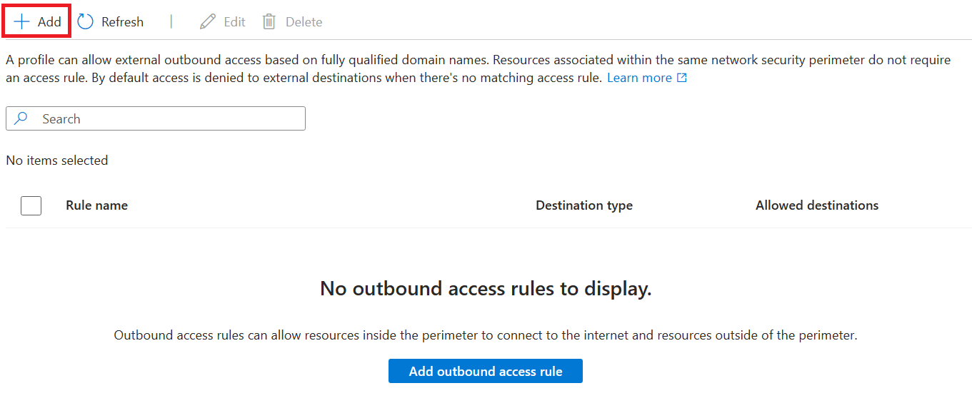 Screenshot of adding the outbound access rule in network security perimeter.