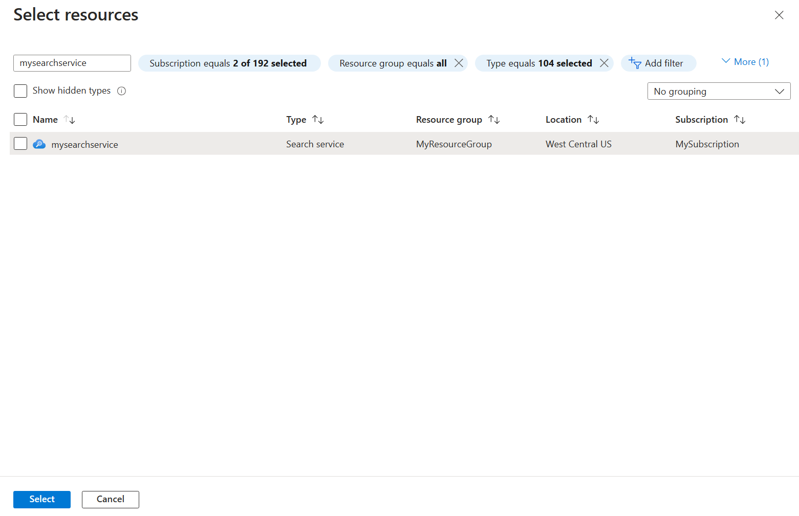 Screenshot of network security perimeter associate resource button with the select resource screen.