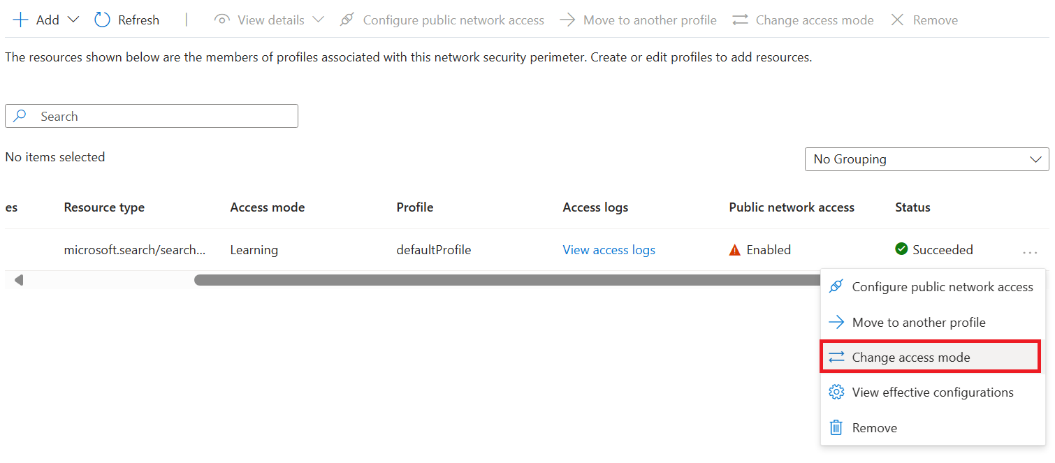 Screenshot of the change access mode button in the network security perimeter portal.