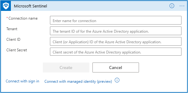 Screenshot of the Connect with service principal parameters.