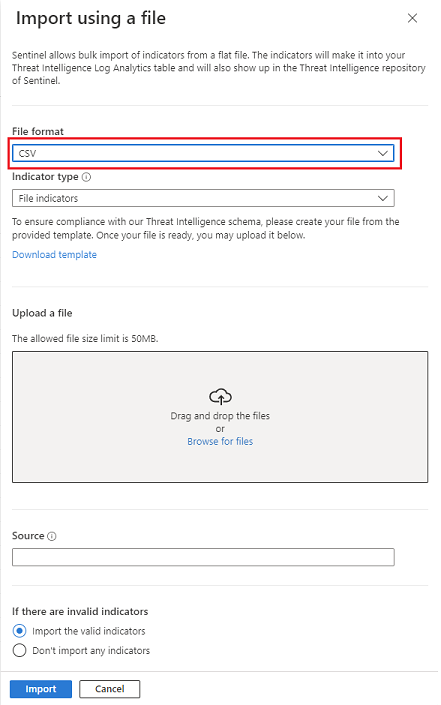 Screenshot that shows the dropdown menu to upload a CSV or JSON file, choose a template to download, and specify a source.