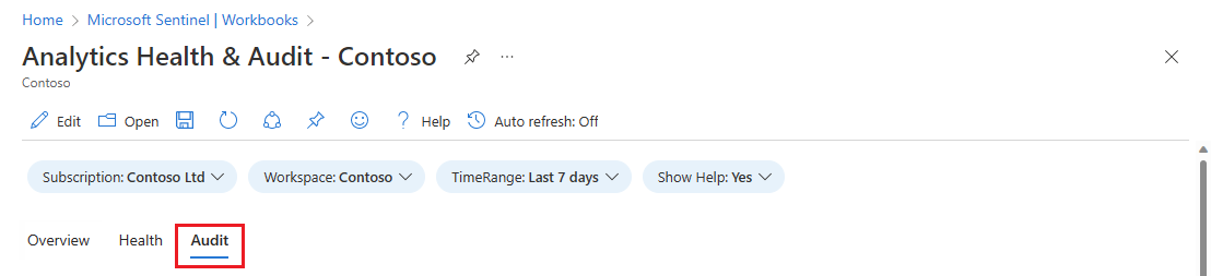 Screenshot of selection of audit tab in analytics health workbook.