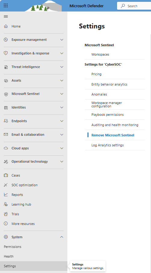 Screenshot of Microsoft Sentinel settings in the Defender portal with the option to remove Microsoft Sentinel highlighted toward the end of the list.