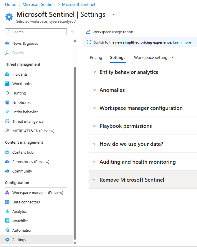 Screenshot to find the setting to remove Microsoft Sentinel from your workspace in the Azure portal.