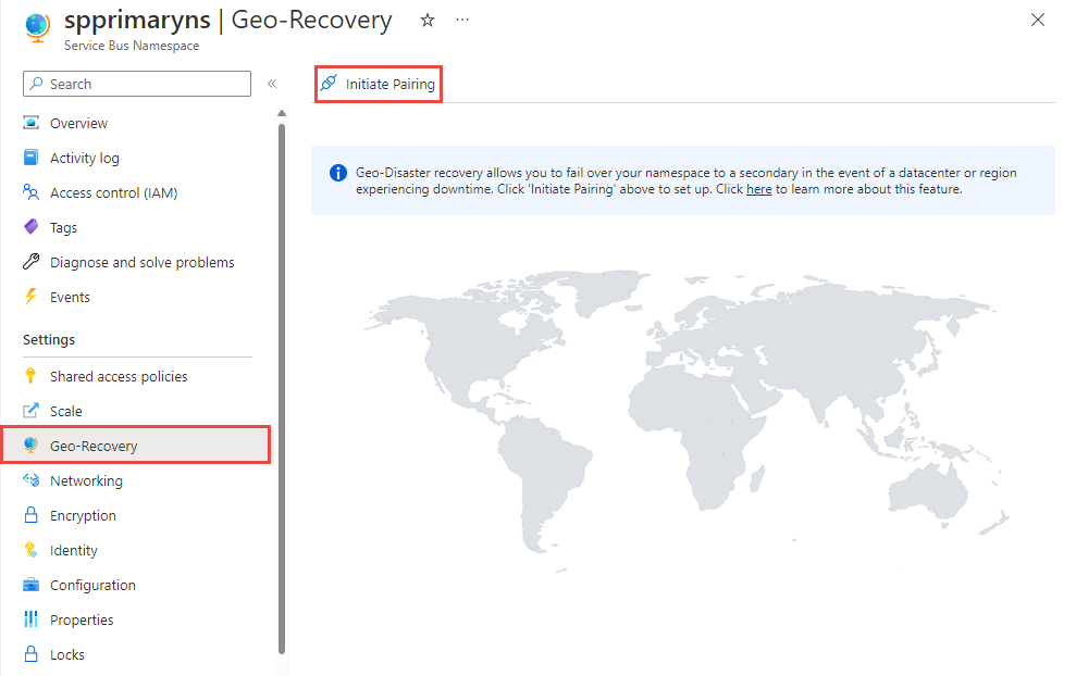 Screenshot showing the Geo-Recovery page with Initiate pairing link selected.