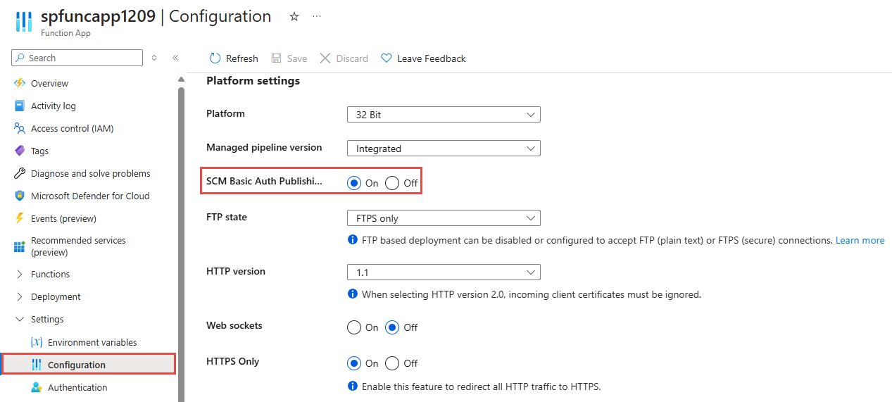 Screenshot that shows the SCM Basic Authentication Publishing option enabled.