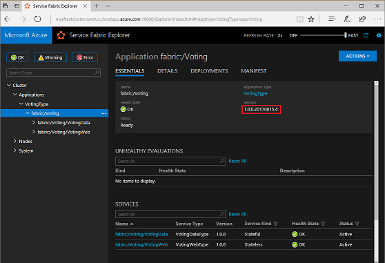 Screenshot of the Voting app in Service Fabric Explorer. In the Essentials tab, the updated app version "1.0.0.20170815.4" is highlighted.