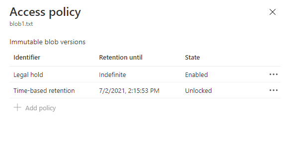 Screenshot showing legal hold configured for blob version