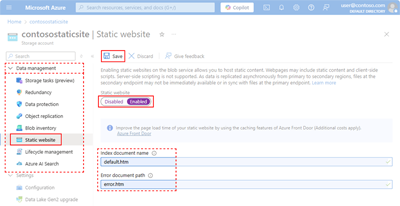 Screenshot showing the locations used to enable static website hosting on a storage account.