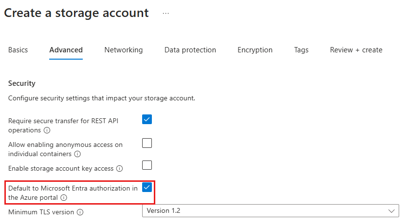 Screenshot showing how to configure default Microsoft Entra authorization in Azure portal for new account.