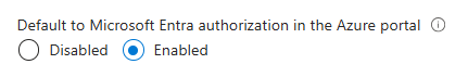 Screenshot showing how to configure default Microsoft Entra authorization in Azure portal for existing account.