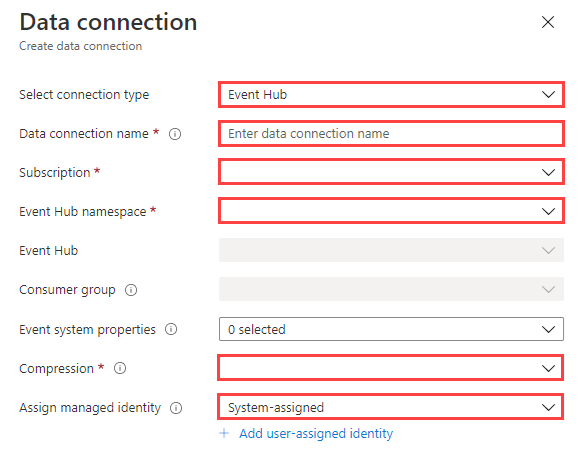 Screenshot of the data connection pane in Event Hubs.