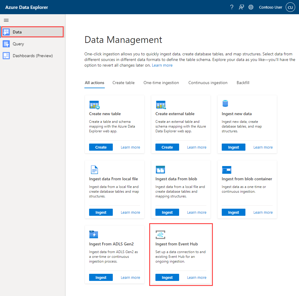 Screenshot showing the Azure Data Explorer Data menu with ingest from event hub highlighted.