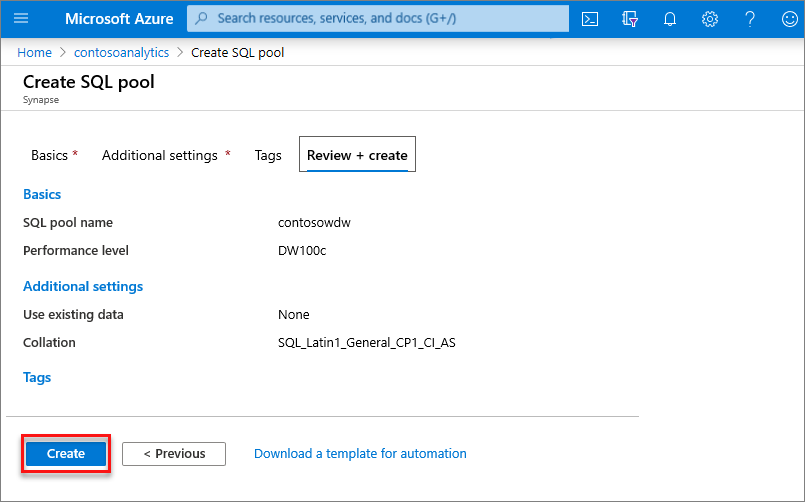 dedicated SQL pool create flow - review settings tab.