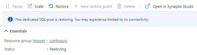 Screenshot of SQL pool dialog with the status that shows restoring.