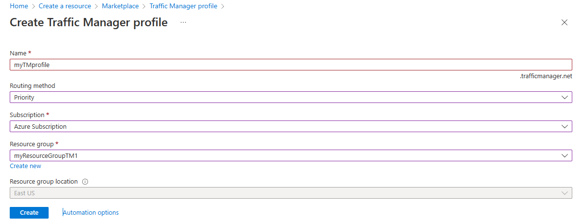 Screenshot of Traffic Manager profile.