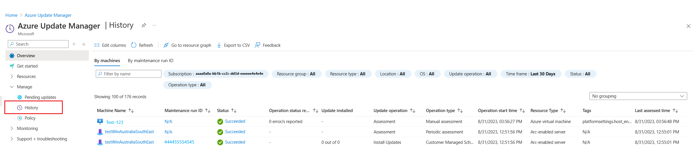 Screenshot of update center History page in the Azure portal.