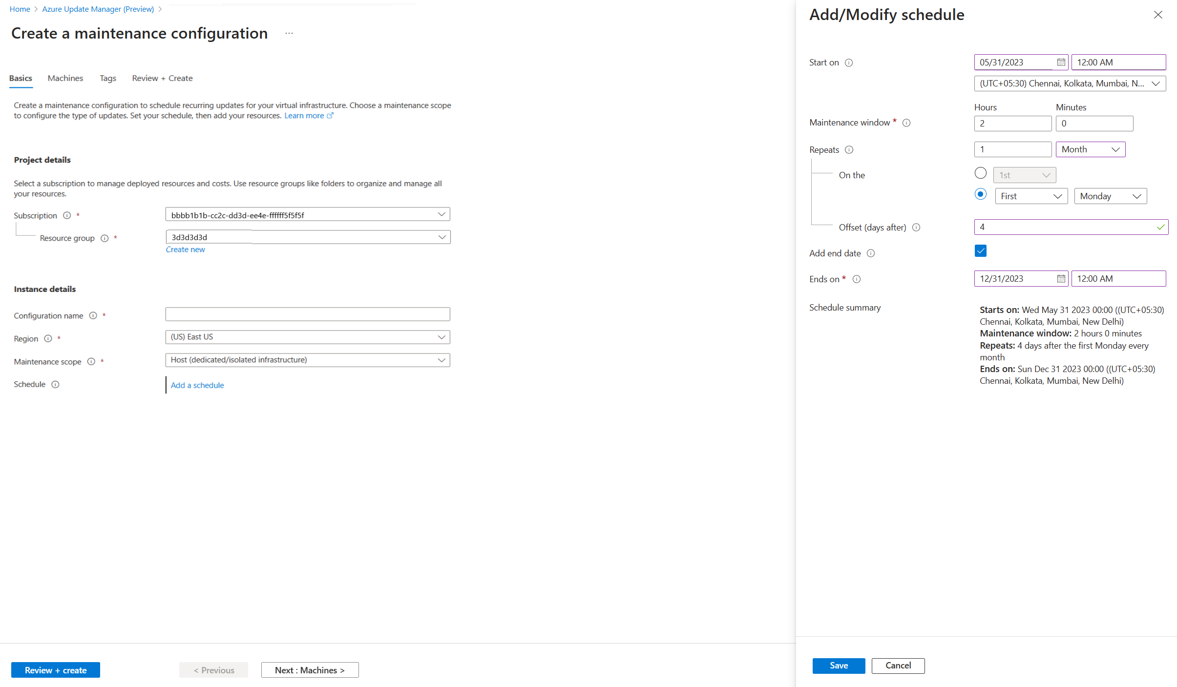 Screenshot that shows the Scheduled patching basics page.