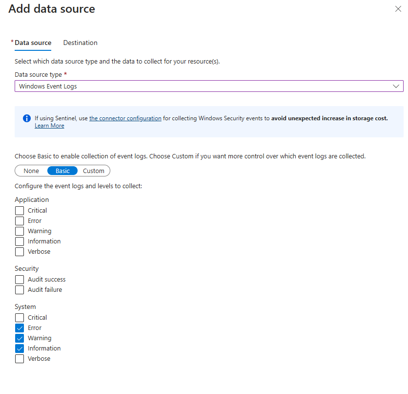 Screenshot of the 'Add data source' tab, showing several selected checkboxes.