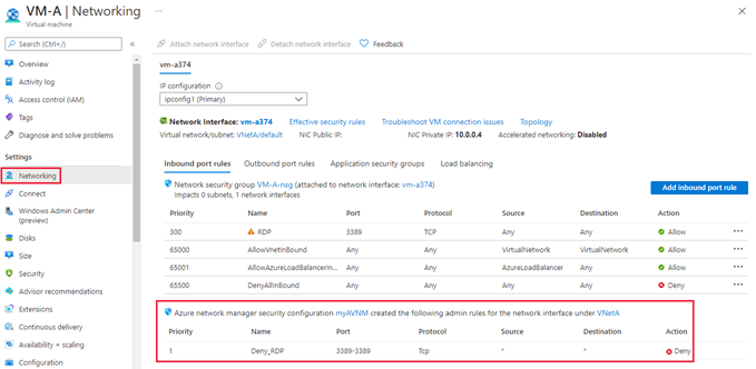 Screenshot of security admin rules under virtual machine network settings.