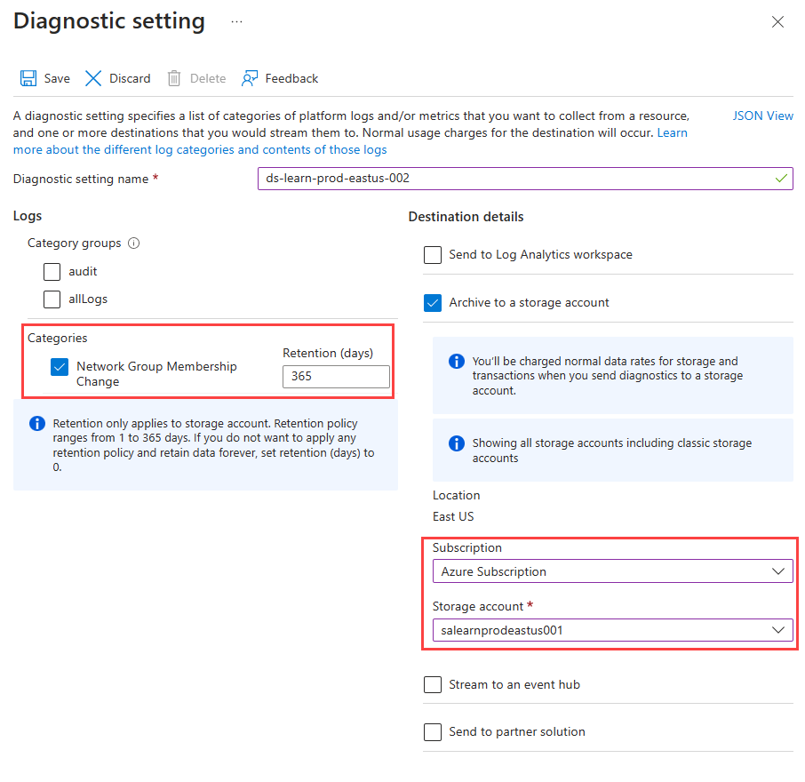 Screenshot of Diagnostic settings for storage account.