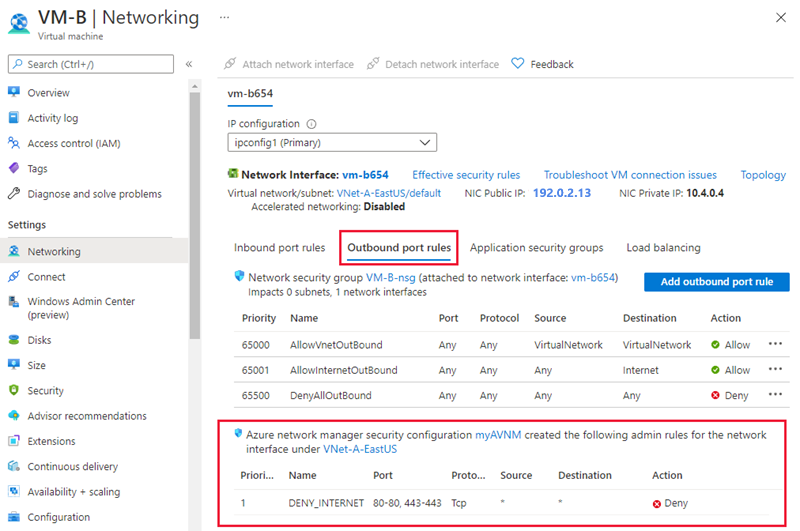 Screenshot of virtual machine inbound security rules.