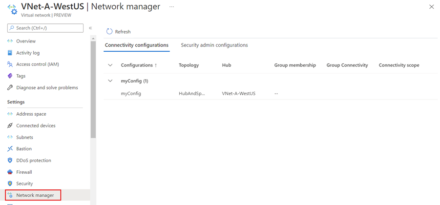 Screenshot of connectivity configuration associated to a virtual network.