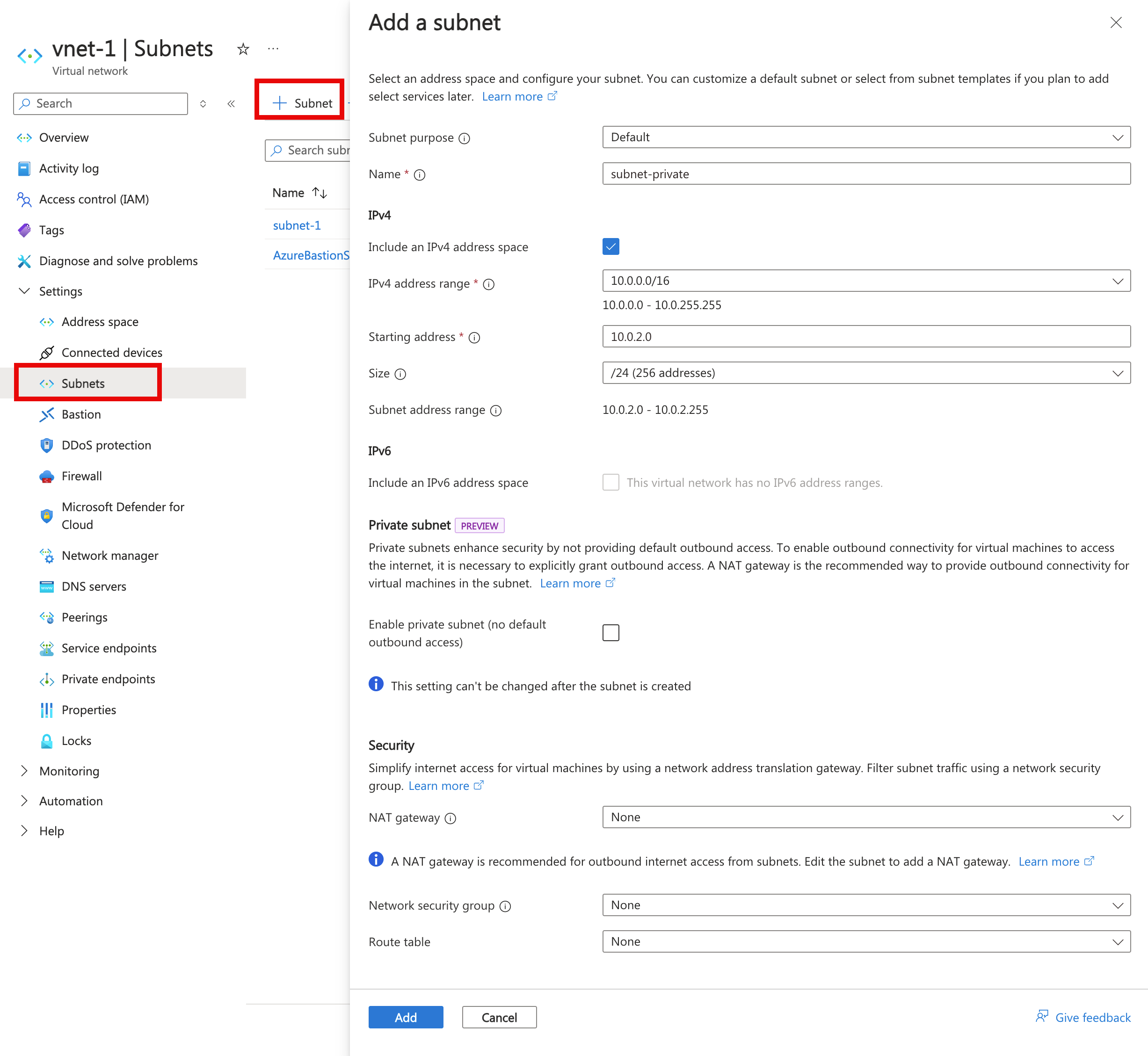 Screenshot of private subnet creation in virtual network.