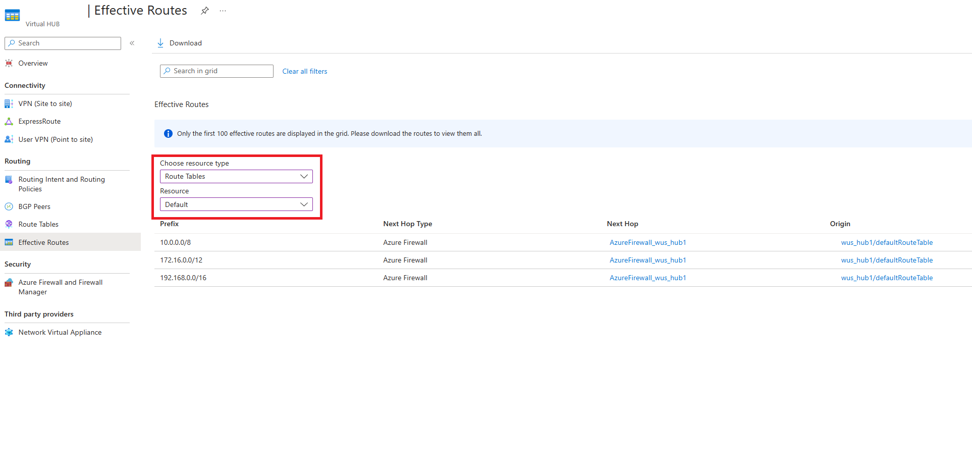 Screenshot showing effective routes for defaultRouteTable.