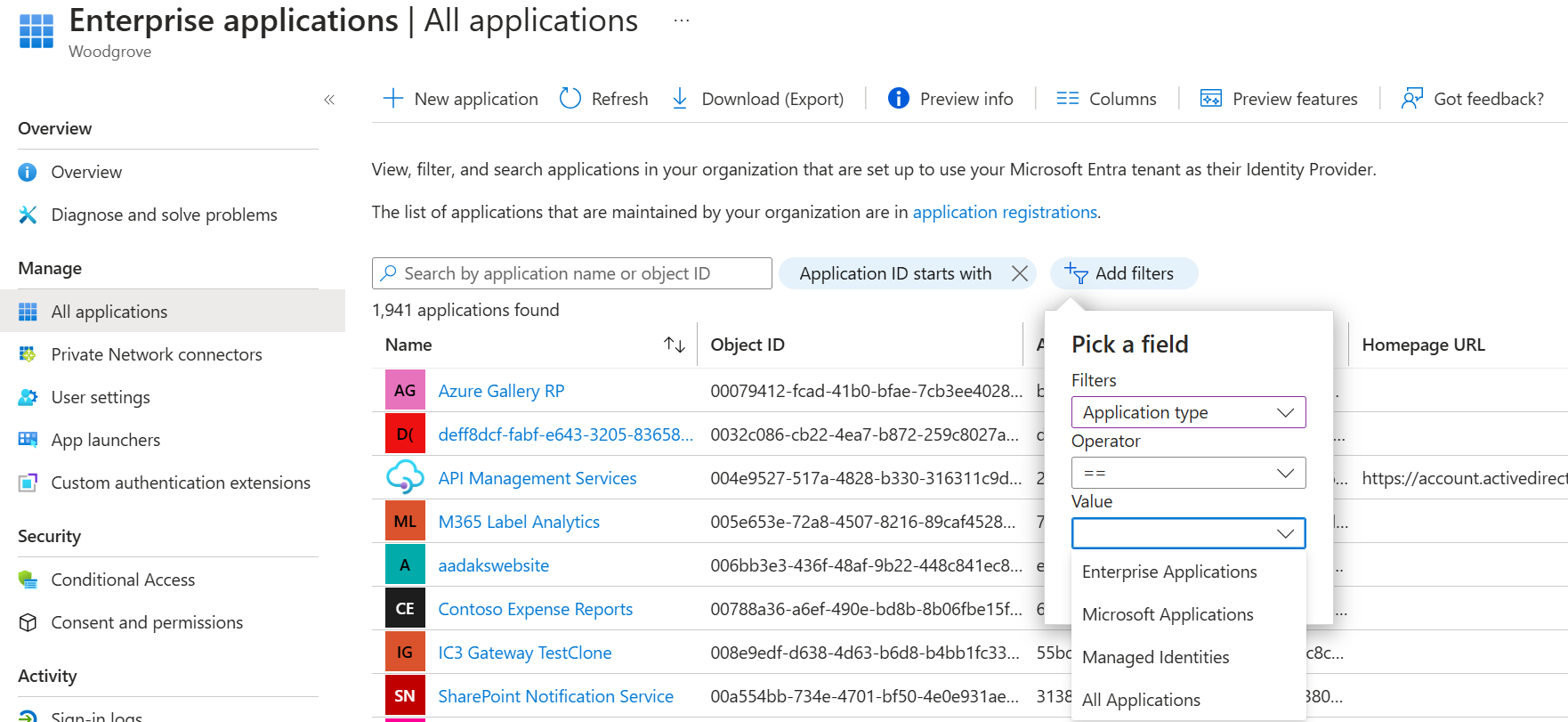 Screenshot of the Managed Identities option under Values, in the Application type column.