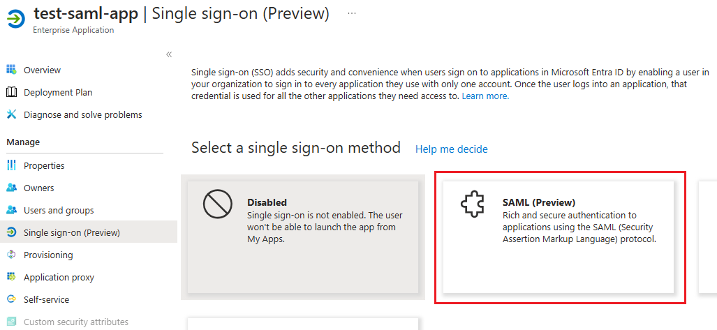 Screenshot of the Single sign-on method tile.