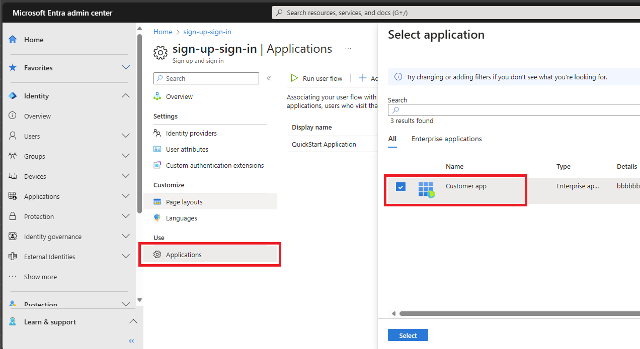 Screenshot showing selecting an application for the user flow.