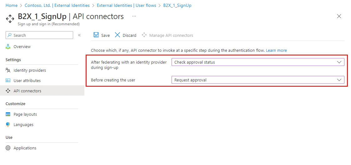 Screenshot of API connector in a user flow.