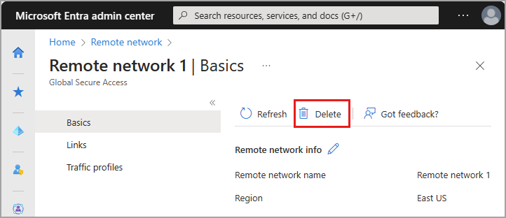 Screenshot of delete remote network.