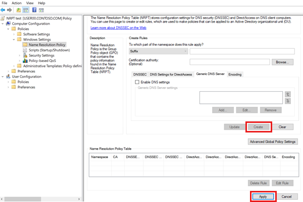 Screenshot of the Name Resolution Policy Rules dialog with the Create and Apply buttons highlighted.