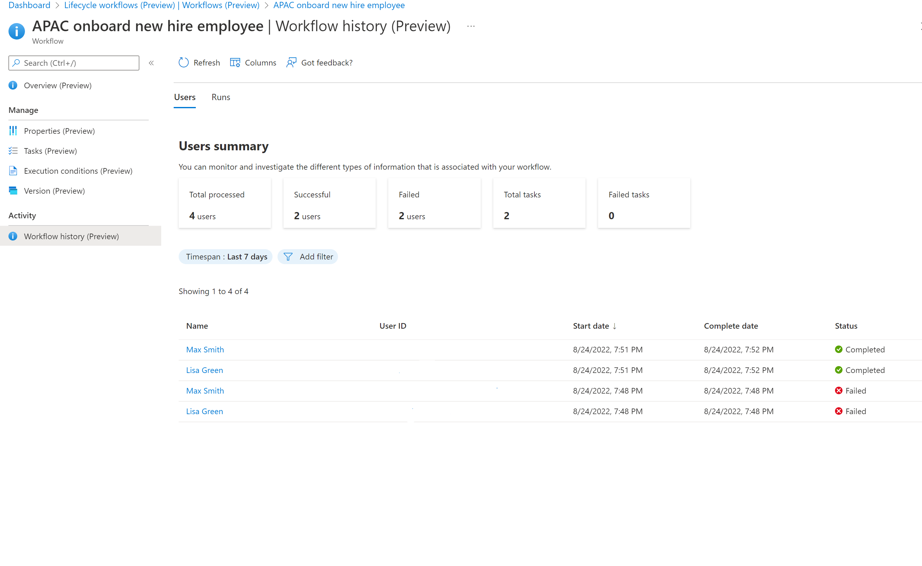 Screenshot of a workflow user summary.