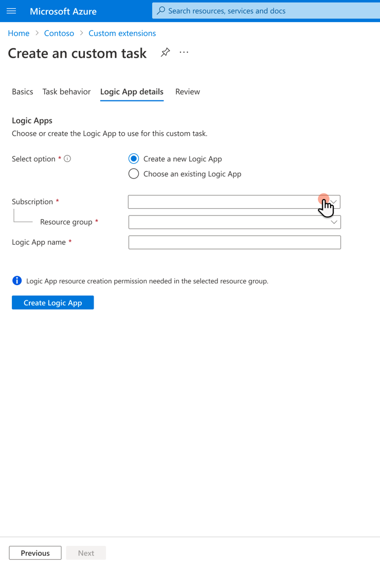 screen showing to create new logic app for custom task extension.