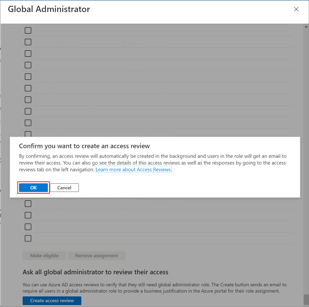 Screenshot showing the Global Administrators page showing the access reviews section.