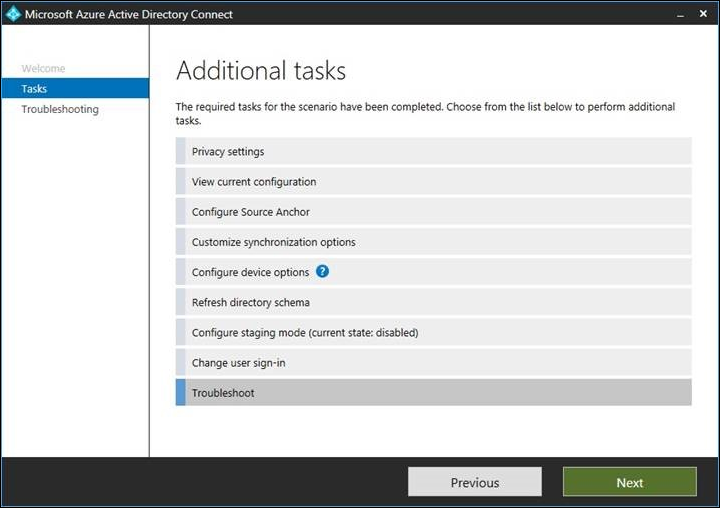 Screenshot that shows the Troubleshoot object sync option highlighted in Microsoft Entra Connect.